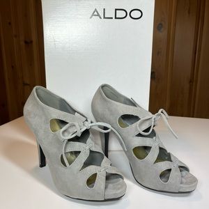 Aldo grey suede tie heels. Size 38, heel height 3.5 in